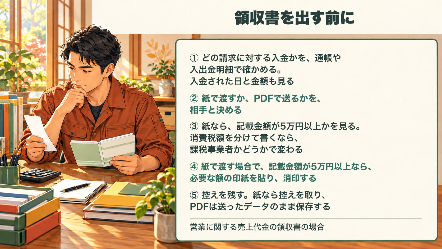 領収書を出す前に確かめること5つ。1、どの請求に対する入金かを、通帳や入出金明細で確かめ、入金された日と金額も見る。2、紙で渡すか、PDFで送るかを、相手と決める。3、紙なら、記載金額が5万円以上かを見る。消費税額を分けて書くなら、課税事業者かどうかで変わる。4、紙で渡す場合で、記載金額が5万円以上なら、必要な額の印紙を貼り、消印する。5、控えを残す。紙なら控えを取り、PDFは送ったデータのまま保存する。営業に関する売上代金の領収書の場合
