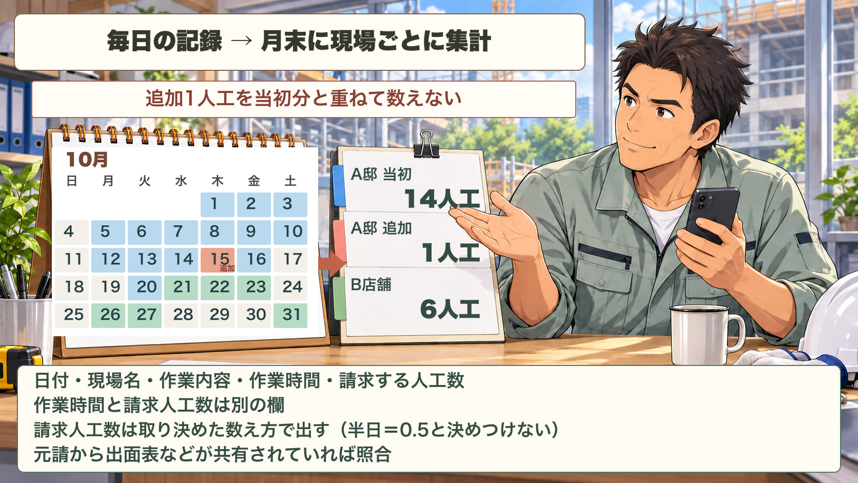 毎日の記録から人工数を集計する流れ。10月のカレンダーに、A邸の日とB店舗の日を記録し、10月15日に合意済みの追加作業の印をつける。月末に現場ごとに集計して、A邸の当初分14人工、A邸の追加1人工(当初分とは別に数える)、B店舗6人工。それが請求書の明細の行になる。作業した時間と請求する人工数は別の欄にし、請求する人工数は取り決めた数え方で出す