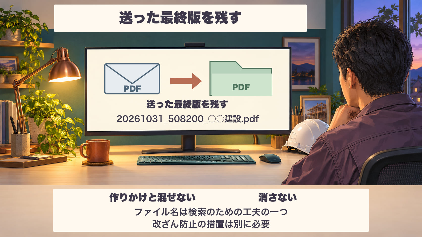 メールで送った請求書の残し方。送信済みのメールに添付した最終版のPDFを、決まったフォルダに、「20261031_508200_○○建設.pdf」のように日付・金額・取引先の順の名前で残す。作りかけのファイルと混ぜず、消さない。ファイル名は検索のための工夫の一つで、改ざん防止の措置は別に必要