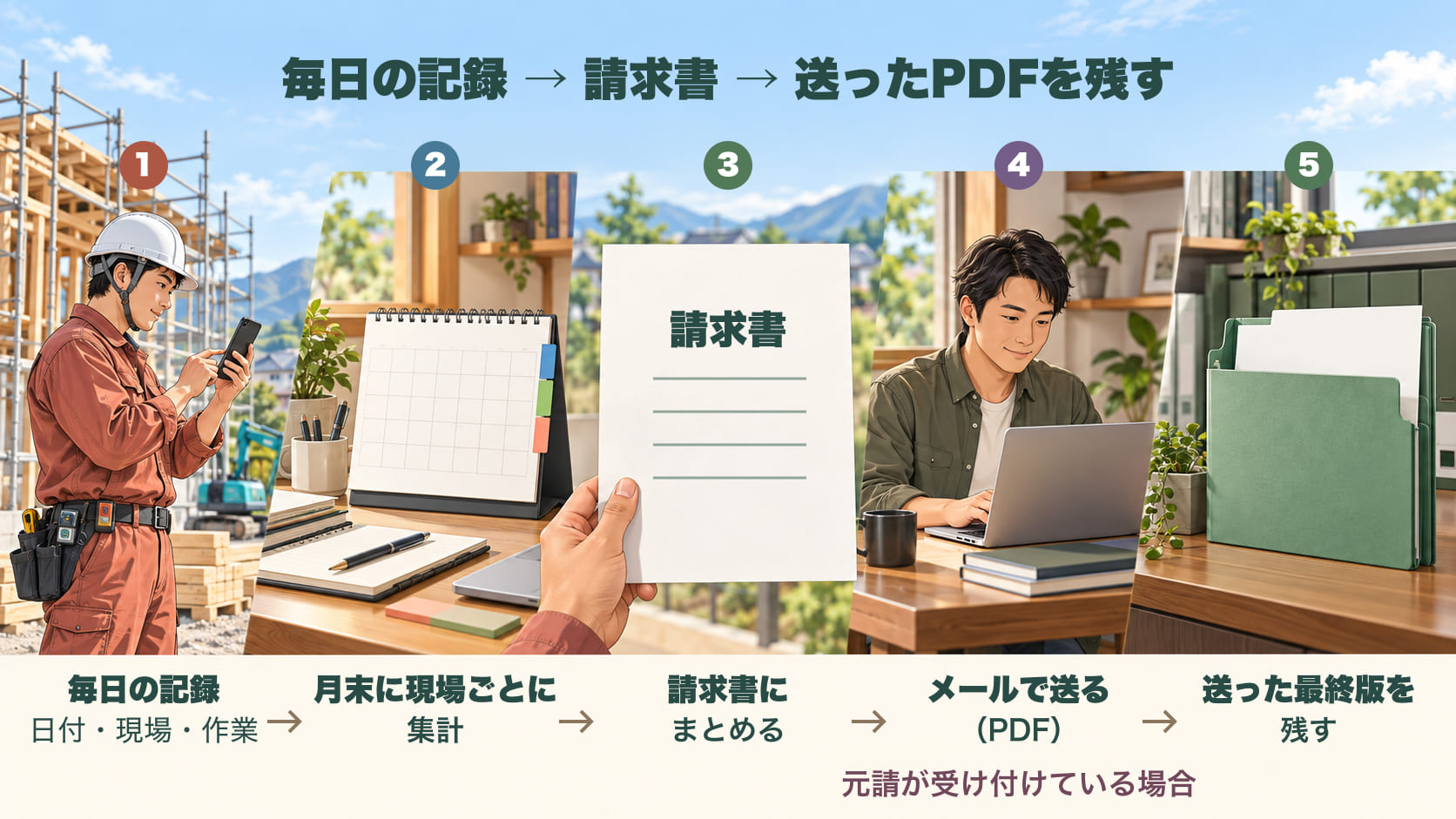毎日の記録から請求書になるまでの流れ。①毎日、日付・現場・作業を記録する ②月末に現場ごとに人工数を集計する ③1枚の請求書にまとめる ④元請が受け付けていればメールでPDFを送る ⑤送った最終版のPDFを残す