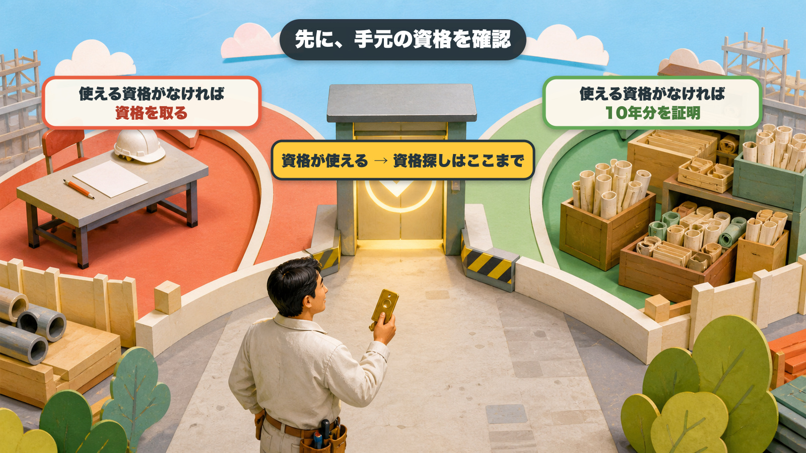 先に、手元の資格を確認する。資格が使えるなら資格探しはここまで。使える資格がなければ、左は資格を取る道、右は10年分を証明する道に分かれる