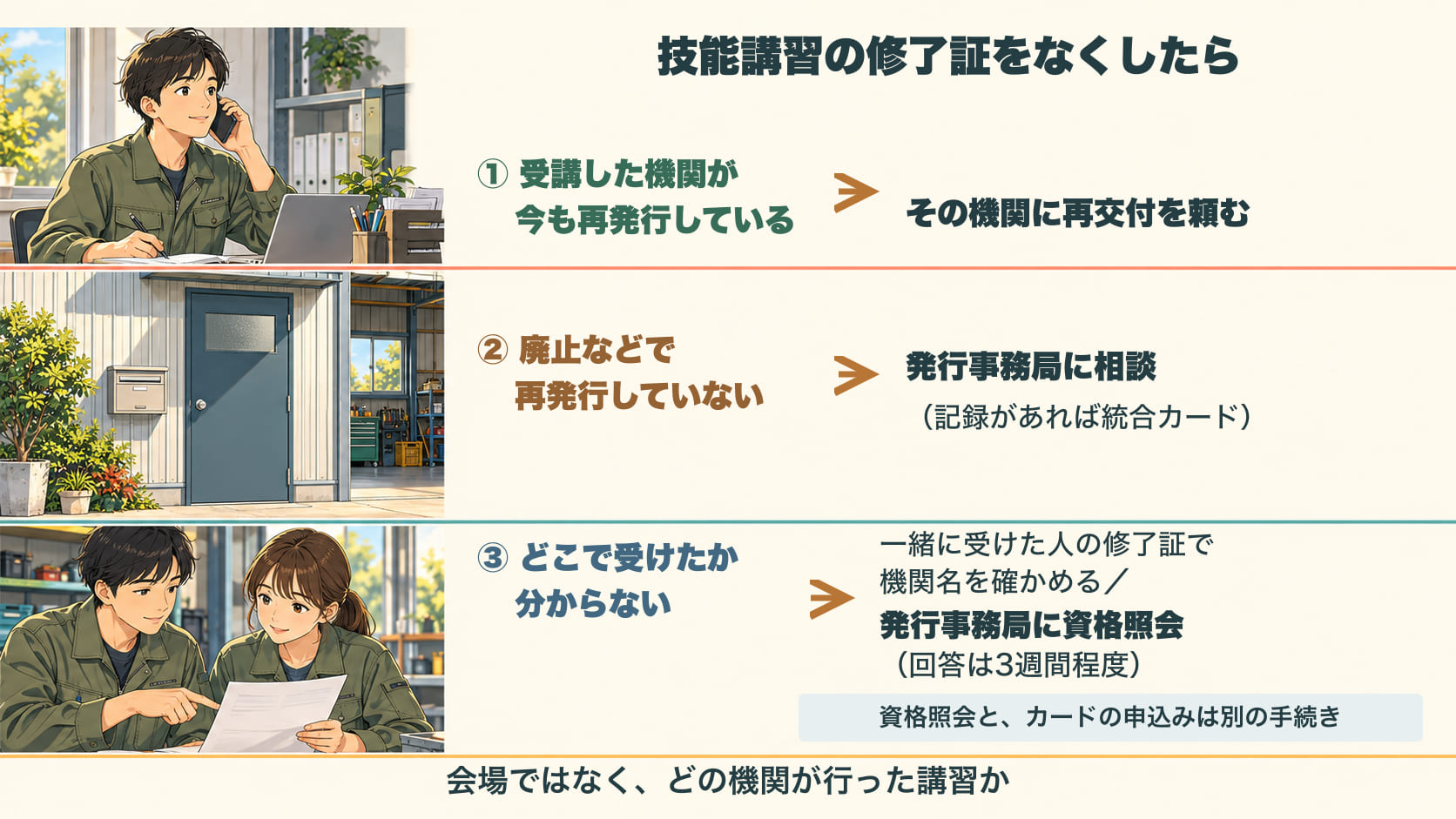 技能講習の修了証をなくしたときの3つの場合。受講した機関が今も再発行している場合は、その機関に再交付を頼む。廃止などで再発行していない場合は、発行事務局に相談し、記録があれば統合カードを受け取れる。どこで受けたか分からない場合は、一緒に受けた人の修了証で機関名を確かめるか、発行事務局に資格照会を申し込む。回答は3週間程度。会場ではなく、どの機関が行った講習かが大事。資格照会だけではカードは発行されず、別に申込みが必要