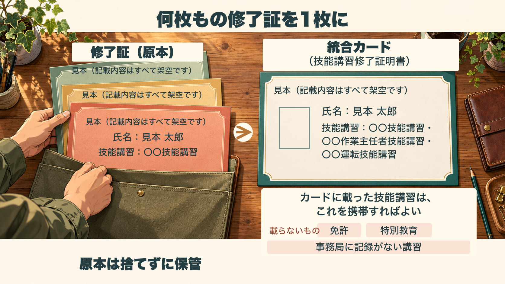修了証の原本と統合カードの違いを示した図。何枚もの修了証の原本を、統合カード1枚にまとめられる。カードに載った技能講習は、これを携帯すればよい。免許、特別教育、事務局に記録がない講習は載らない。原本は捨てずに保管する。見本はすべて架空