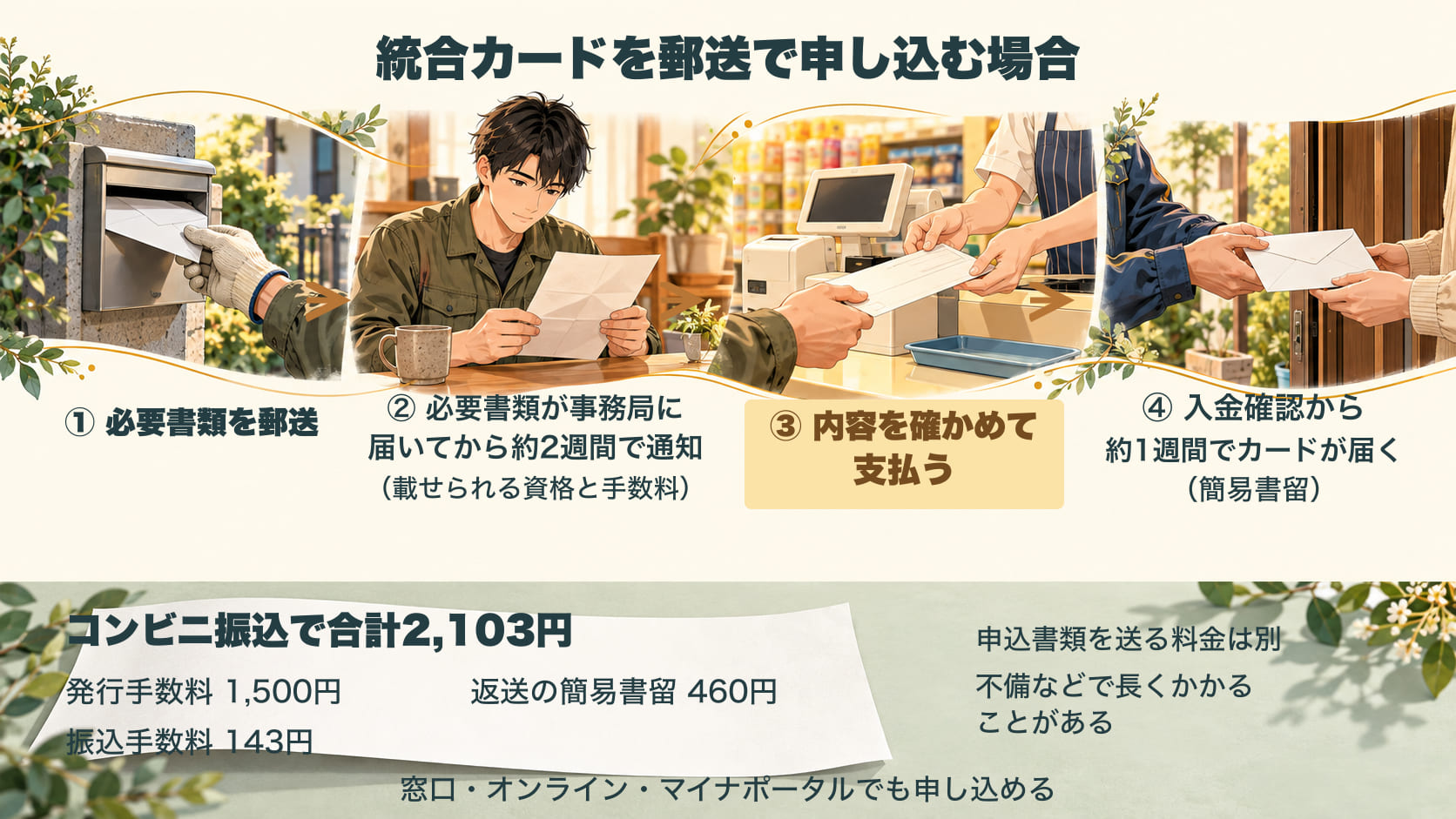 統合カードを郵送で申し込む場合の流れ。必要書類を郵送し、事務局に届いてから約2週間を目安に、載せられる資格と手数料の通知が届く。内容を確かめて支払うと、入金確認から約1週間でカードが簡易書留で届く。コンビニ振込の場合の費用は合計2,103円で、発行手数料1,500円、返送の簡易書留460円、振込手数料143円。申込書類を送る料金は別。不備などで長くかかることがある。窓口・オンライン・マイナポータルでも申し込める