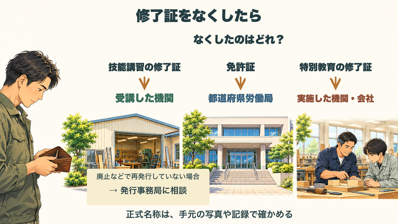 修了証をなくしたときに相談する窓口を示した図。なくしたのはどれかを確かめる。技能講習の修了証は受講した機関。受講した機関が廃止などで再発行していない場合は、発行事務局に相談する。免許証は都道府県労働局。特別教育の修了証は実施した機関か会社。正式名称は、手元の写真や記録で確かめる