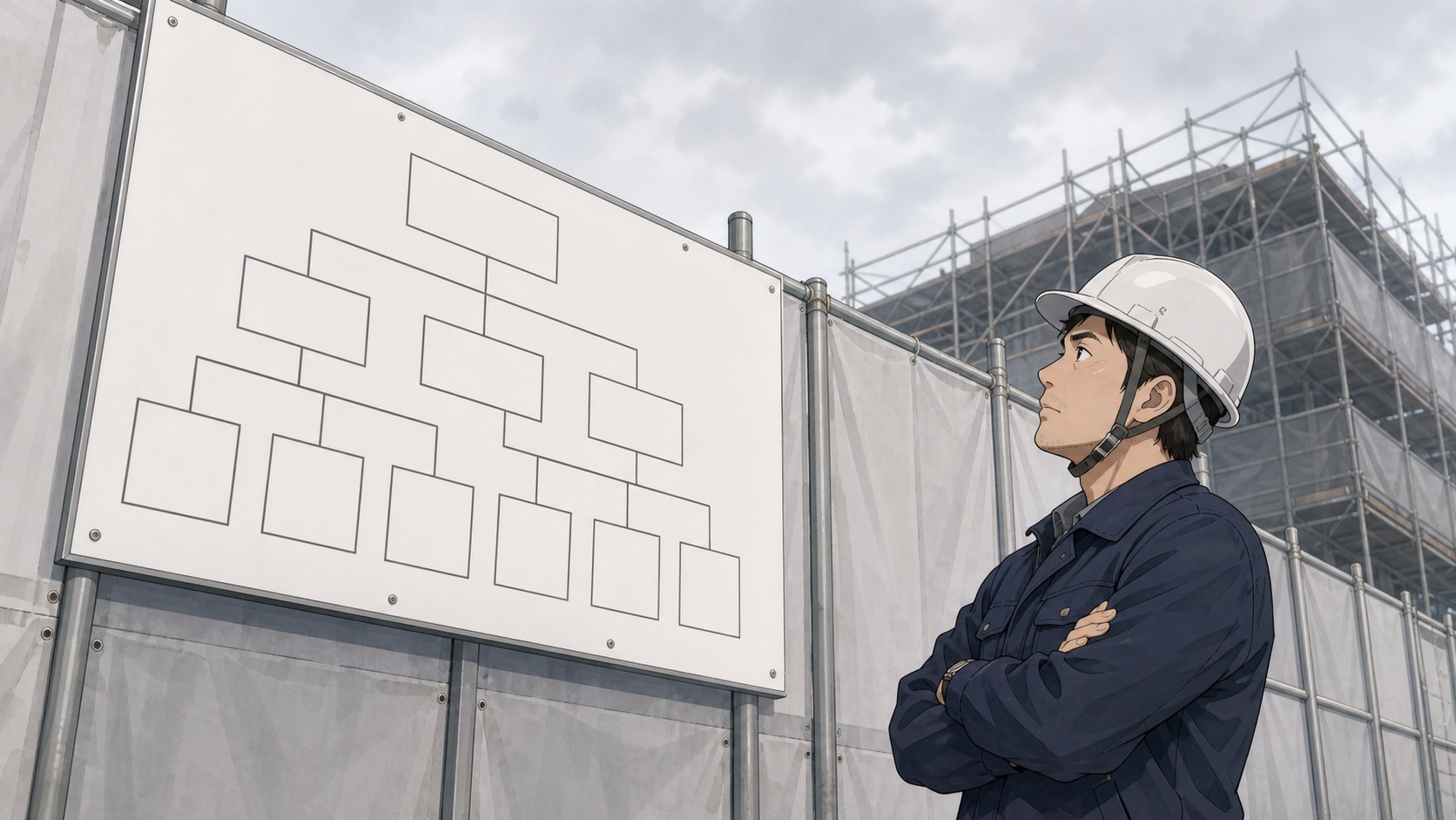 曇りの日の現場入口。仮囲いの掲示板を見上げる作業着の男性