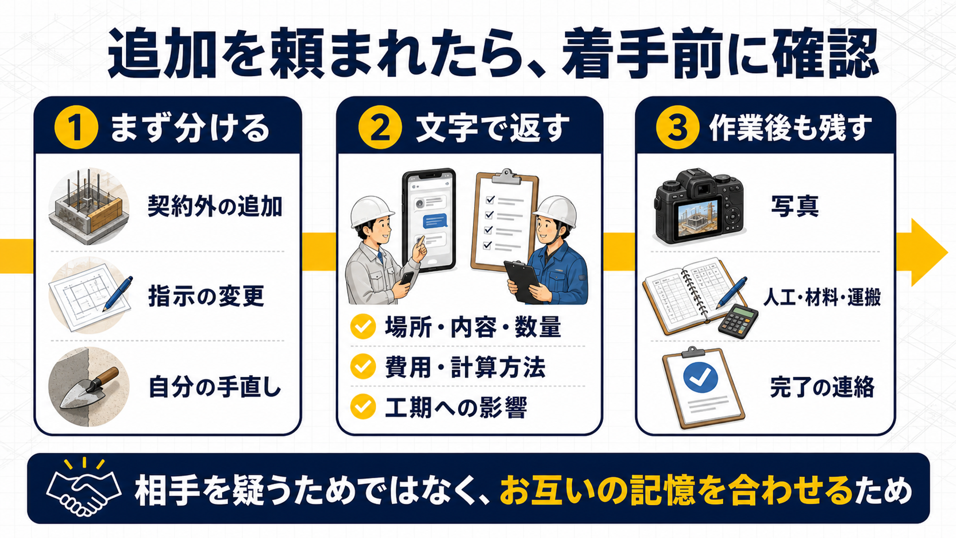 追加を頼まれたら着手前に確認する3段階。①まず分ける（契約外の追加・指示の変更・自分の手直し）②文字で返す（場所と内容と数量・費用と計算方法・工期への影響）③作業後も残す（写真・人工と材料と運搬・完了の連絡）。相手を疑うためではなく、お互いの記憶を合わせるため