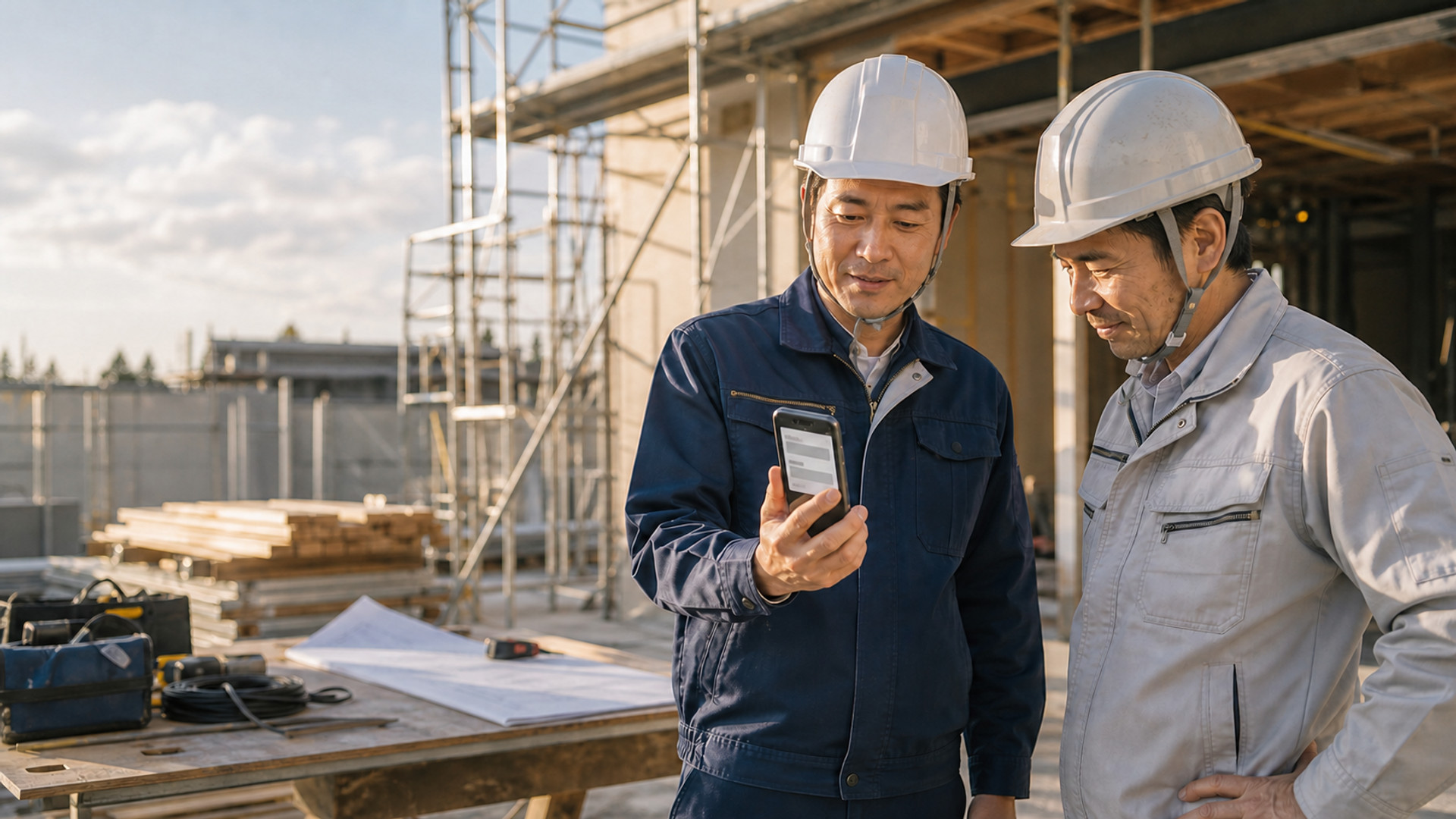 夕方の建設現場で、追加作業の内容をスマートフォンで一緒に確認する二人の職人